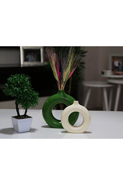 stonnish Halka Vazo Dual Color Serisi Bohem Vazo 2 Li Set Çimen Yeşili & Krem