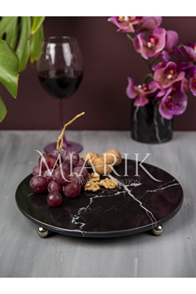MIARIK DESIGN & DEKORASYON Dekoratıf Sıyah Mermer Yuvarlak Sunum Tabağı Tepsi...