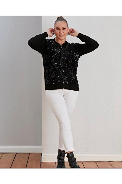 wearon tekstil Kadın Pul Payet Siyah Fermuarlı Hırka 52-749