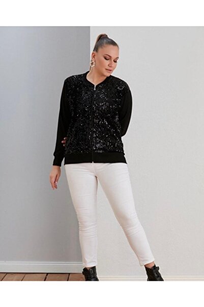 wearon tekstil Kadın Pul Payet Siyah Fermuarlı Hırka 52-749