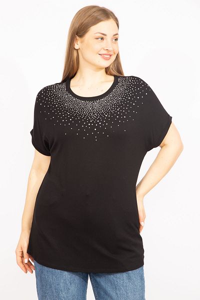 Şans Women's Black Large Size Stone Detailed Low Sleeve Blouse 65n35636