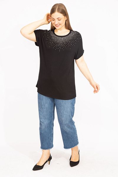 Şans Women's Black Large Size Stone Detailed Low Sleeve Blouse 65n35636