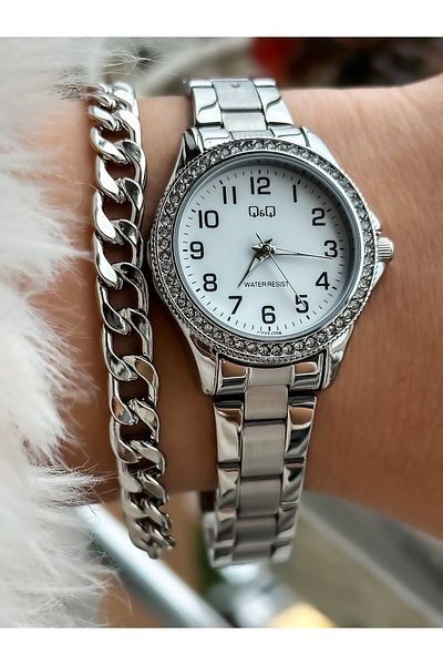 Q&Q Steel Strap, Waterproof, Silver Color Small Case Stone Women's Wristwatch + bracelet