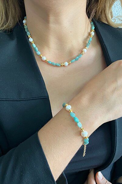 Suerte Accessories Tımbıl Aquamarine Natural Stone Mallorcan Pearl Handmade Special Design Bracelet and Necklace Combination