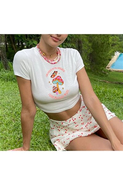Touz White Crop - Blunt Blunt Butterfly & Mushrooms Printed
