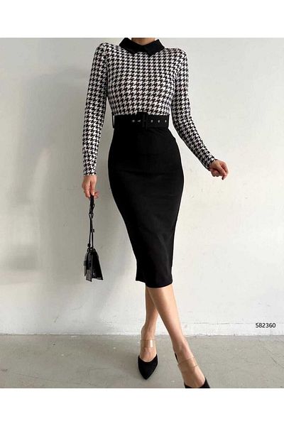 merlavin Rochie creion din țesătură creponată, cu modele, cu model de picior de hâine pentru femei
