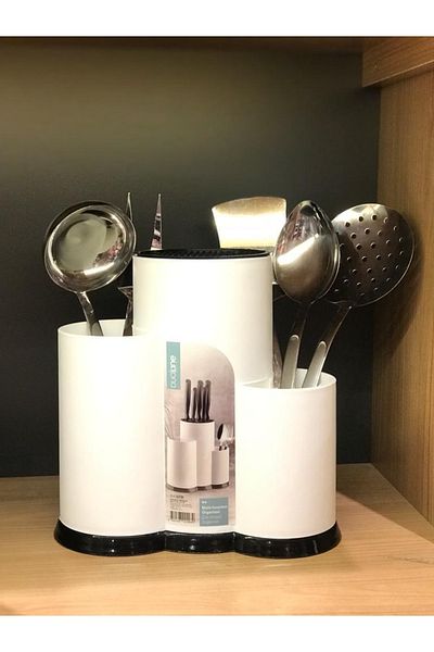 Bayev Set of 2 White Countertop Spoon Knife Stand with Compartments 5-Piece Steel Flat Serving Ladle Colander Set