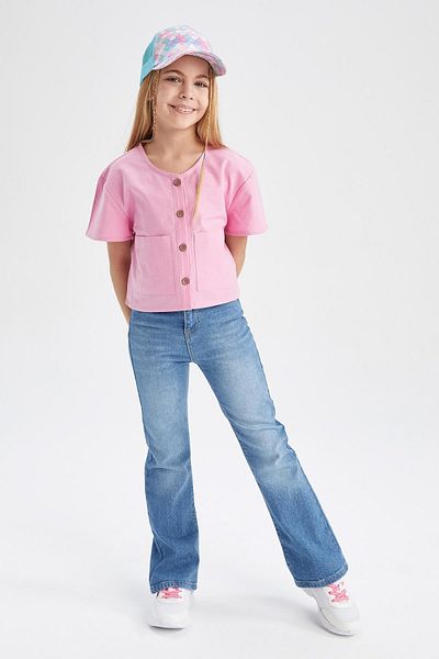 DeFacto Girl's Modern Fit V-Neck Linen Look Short Sleeve Shirt Z4915a623sm