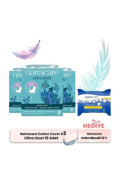 Natracare Organic Cotton Cover Ultra Long 10 Pieces X 3 with Intim Wipes Gift