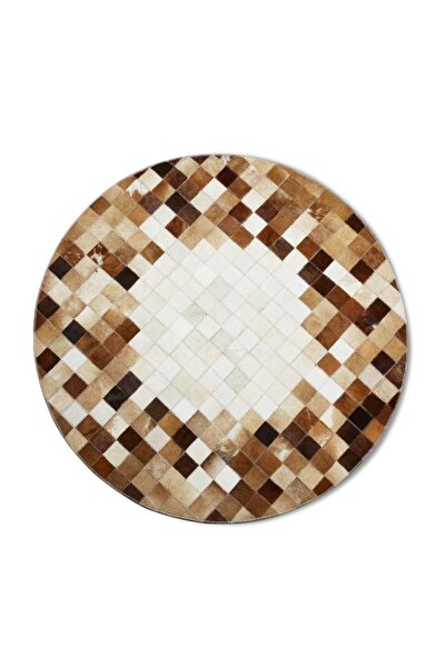 Dericibey Beyaz & Kahverengi Yuvarlak Patchwork Dana Derisi Halı