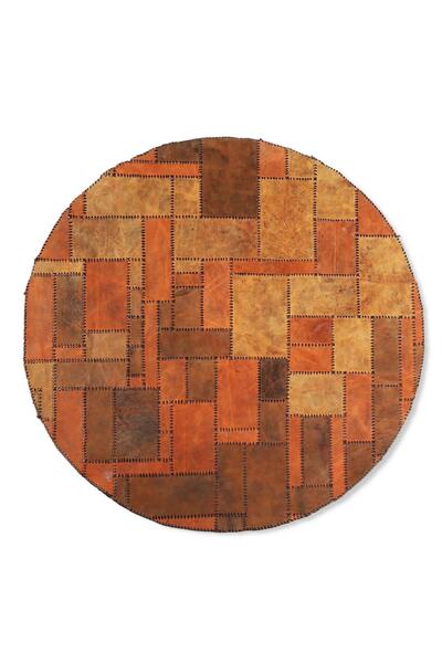 Dericibey Kahverengi Dana Derisi Dikişli Patchwork Yuvarlak Halı