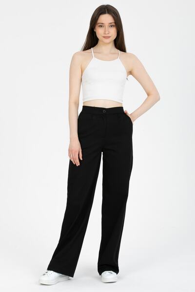 MD trend Women's Black Elastic Waist High Waist Palazzo Gabardine Trousers