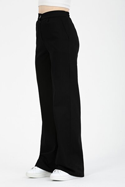 MD trend Women's Black Elastic Waist High Waist Palazzo Gabardine Trousers