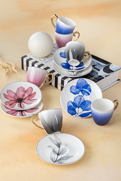 ACAR Magnolia Tabağı Çiçek Desenli Renkli 90cc 6 Kişilik Porselen Kahve Finca...