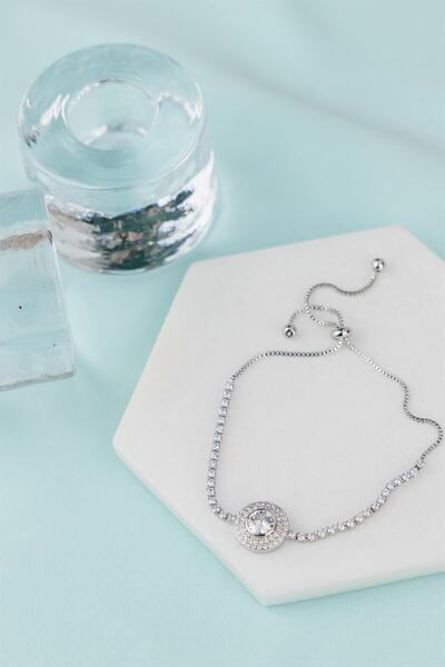 Sacha Accessories Daire Zirkon Taşlı Asansörlü Gümüş Bileklik