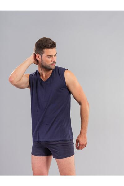 Ödül Men's 7023 V-Neck Sleeveless Modal Cotton Undershirt Athlete Navy Blue 2-Piece