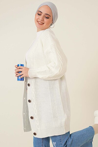 benguen 6999 Knitted Patterned Front Buttoned Cardigan Ecru