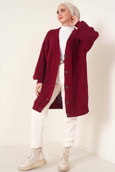 benguen 6999 Cardigan cu nasturi în față cu model tricotat Roșu Claret