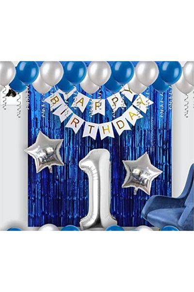 Deniz Party Store Dark Blue 1 Year Old Metalized Background Curtain Balloon Set