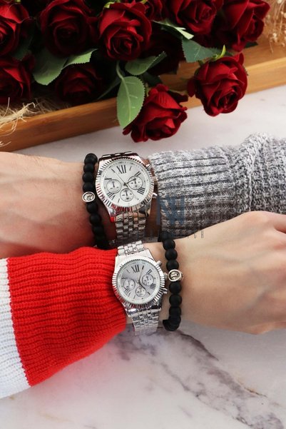Northwatch Gümüş Detaylı Gümüş Kordon (2 Adet) Sevgili Kol Saati & Bileklik H...
