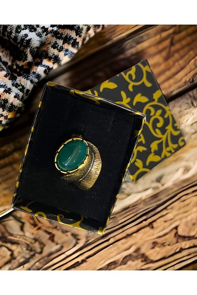 kapris concept Green Agate Leaf Figured Retro Copper Ring