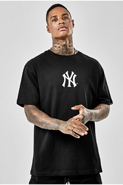 Josette Unisex Oversize Black T-shirt - Ny Printed, Crew Neck