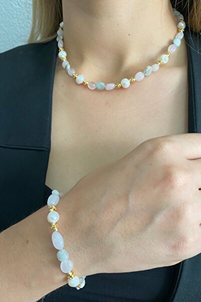 Suerte Accessories Pink Quartz Aquamarine Natural Stone Mallorcan Pearl Handmade Special Design Necklace and Bracelet Combination