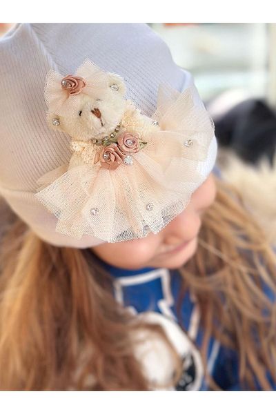 QUEEN AKSESUAR Special Design Luxury 3D Dimensional Toy Ornate Plush Teddy Bear Crystal Stone Beret Cream White Bear Hat
