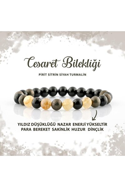 Deniz Doğal Taş Sertifikalı Cesaret Doğal Taş Bileklik Pirit Sitrin Siyah Tur...