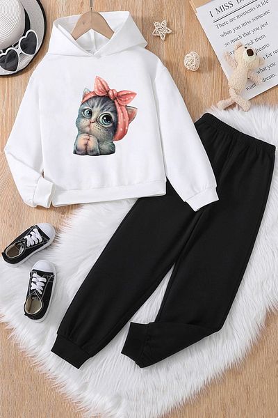 Trend Sizde Σετ φόρμας φόρμας Unisex, χαριτωμένη γάτα με μπλούζα και κάτω