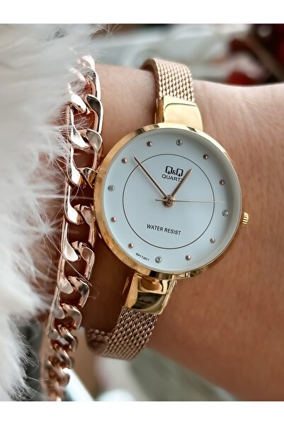 Q&Q Brand Steel Mesh Thin Cord Waterproof Rose Color Women's Wristwatch + Bracelet