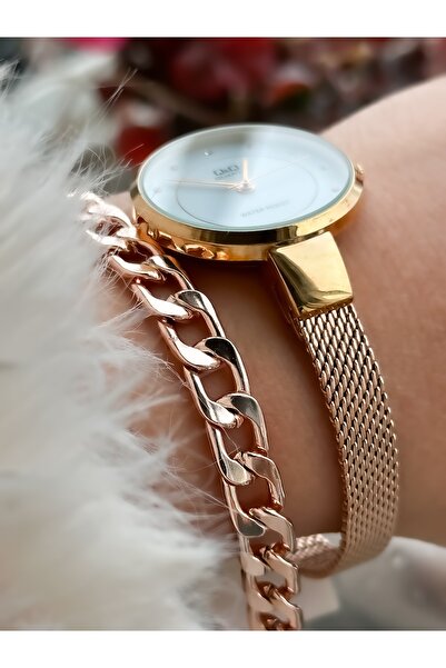 Q&Q Brand Steel Mesh Thin Cord Waterproof Rose Color Women's Wristwatch + Bracelet