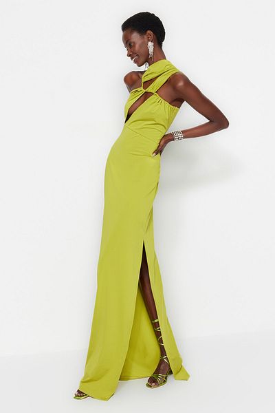 Trendyol Collection Světle zelené pletené okno/dlouhé večerní šaty s výřezem TPRSS23AE00007