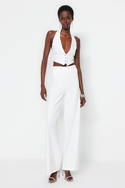 Trendyol Collection Svatební Ecru tkané kalhoty TPRSS23PL00023
