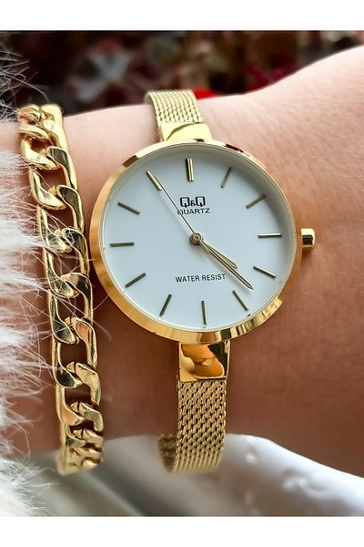 Q&Q Brand Steel Mesh Thin Strap, Waterproof, Gold Color Women's Wristwatch+bracelet