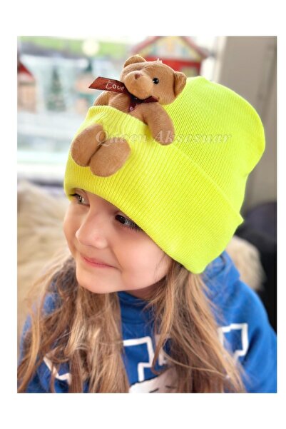 QUEEN AKSESUAR Trend Moda Özel Tasarım Peluş Ayıcıklı Yetişkin Erkek Kız Unisex Çocuk Ayı Şapka Bere Neon Sarı