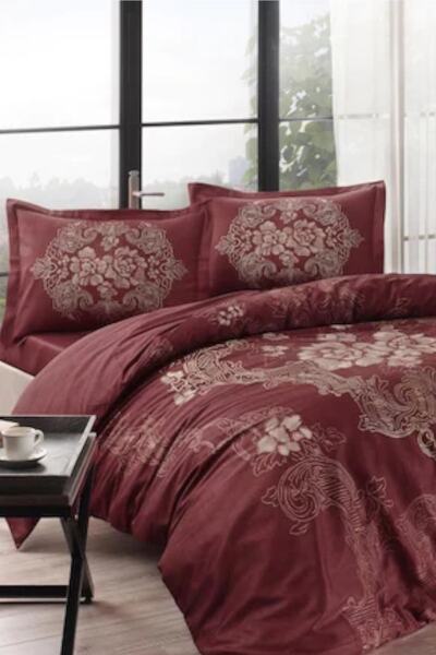 Taç Pauk Saten Florian Bordo Çift Kişilik Nevresim Takımı