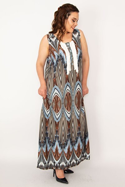 Şans Women's Blue Large Size Front Patch Button and Lace Detailed Javanese Viscose Dress 65n35603