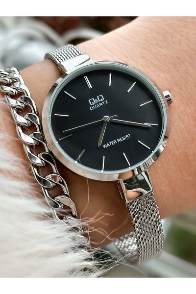Q&Q Brand Steel Mesh Thin Strap, Waterproof, Silver Color Women's Wristwatch+bracelet
