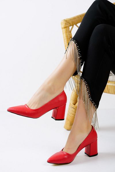 MELİKMERT Women's Red Skin Short Thick Heeled Shoes