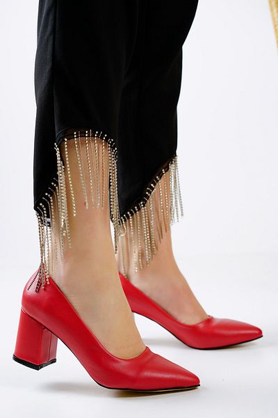 MELİKMERT Women's Red Skin Short Thick Heeled Shoes