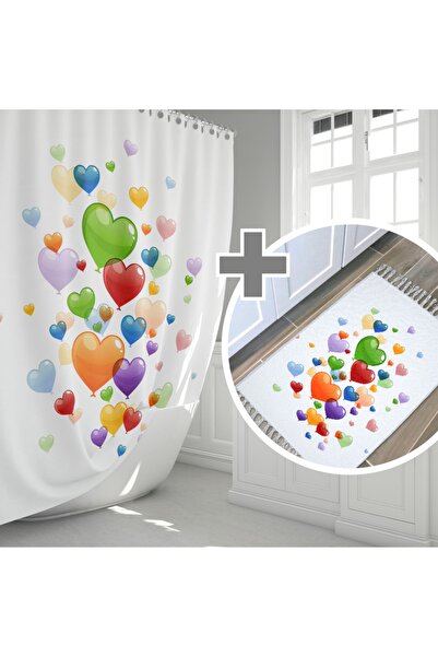 Zethome Heart Ballons Banyo Paspas Ve Tek Kanat Duş Perdesi 1x180x200 Set