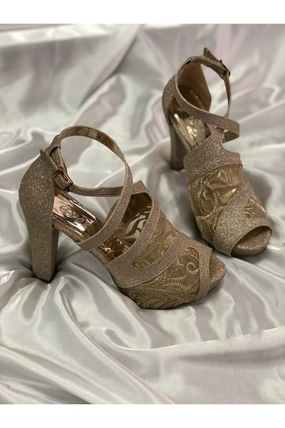 Hg Ayakkabı Pantofi de seară cu toc cu platformă brodate cu sclipici bej Veronika