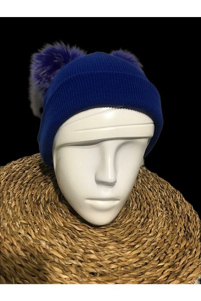 BTL STORE Kids Youth/Adult Beanie with Double Pompom - Saks Blue