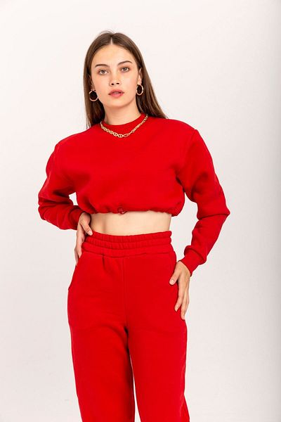 Lucax Hanorac de damă cu mânecă lungă din țesătură cu 3 fire înălțate - Sweat crop de culoare roșie