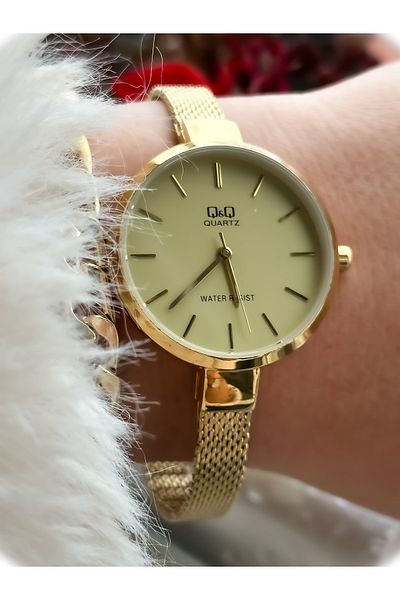 Q&Q Brand Steel Mesh Thin Cord Waterproof Gold Color Women's Wristwatch + Bracelet
