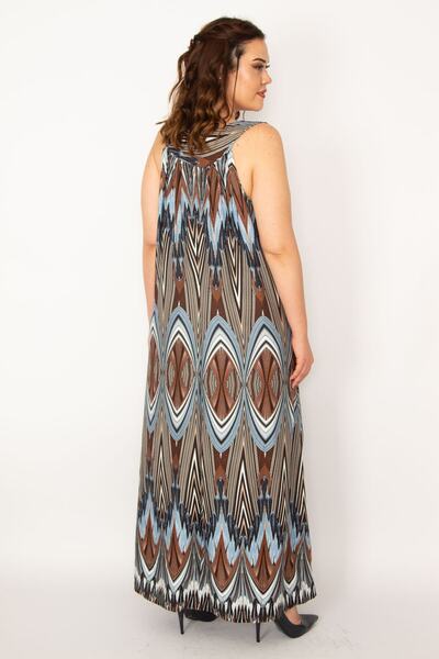 Şans Women's Blue Large Size Front Patch Button and Lace Detailed Javanese Viscose Dress 65n35603