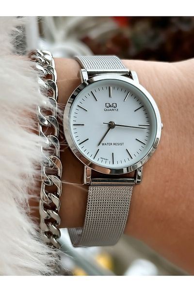 Q&Q Steel Mesh Strap, Thin Case Waterproof Silver Color Women's Wristwatch + bracelet