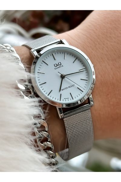 Q&Q Steel Mesh Strap, Thin Case Waterproof Silver Color Women's Wristwatch + bracelet