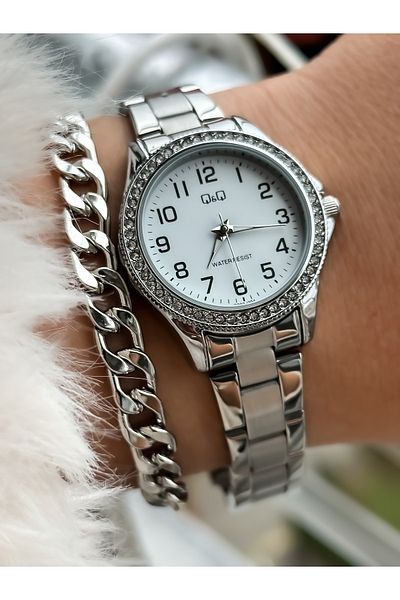 Q&Q Steel Strap, Waterproof, Silver Color Small Case Stone Women's Wristwatch + bracelet